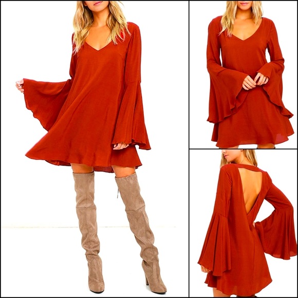 Lulus Dresses & Skirts - Lulu’s Red Rust Bell Sleeve Flare Mini Dress